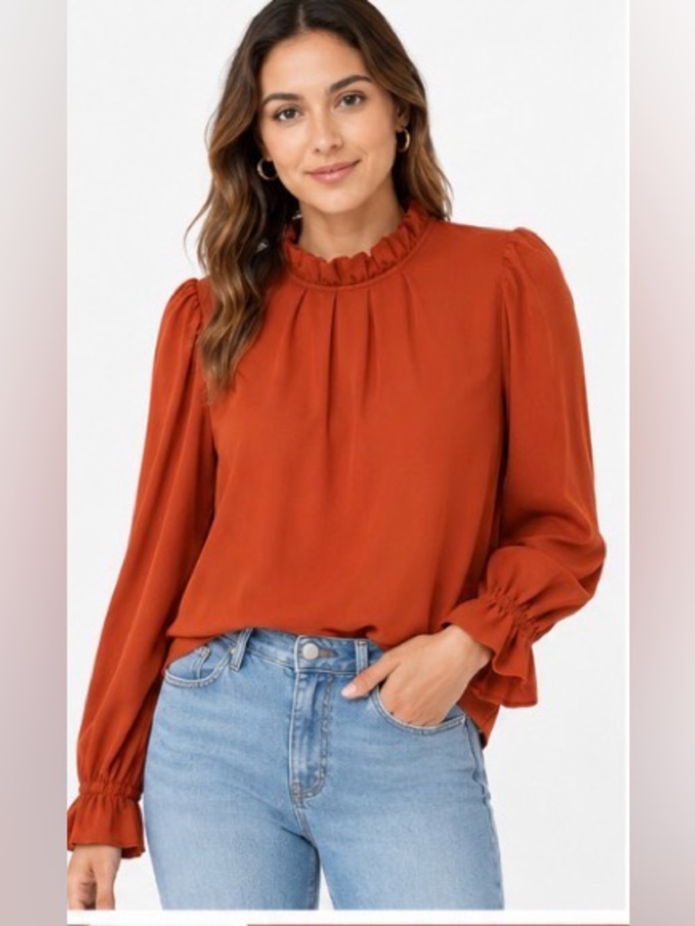 Umgee Rust Orange Ruffle Neck Puff Sleeve Blouse Size Small NWOT